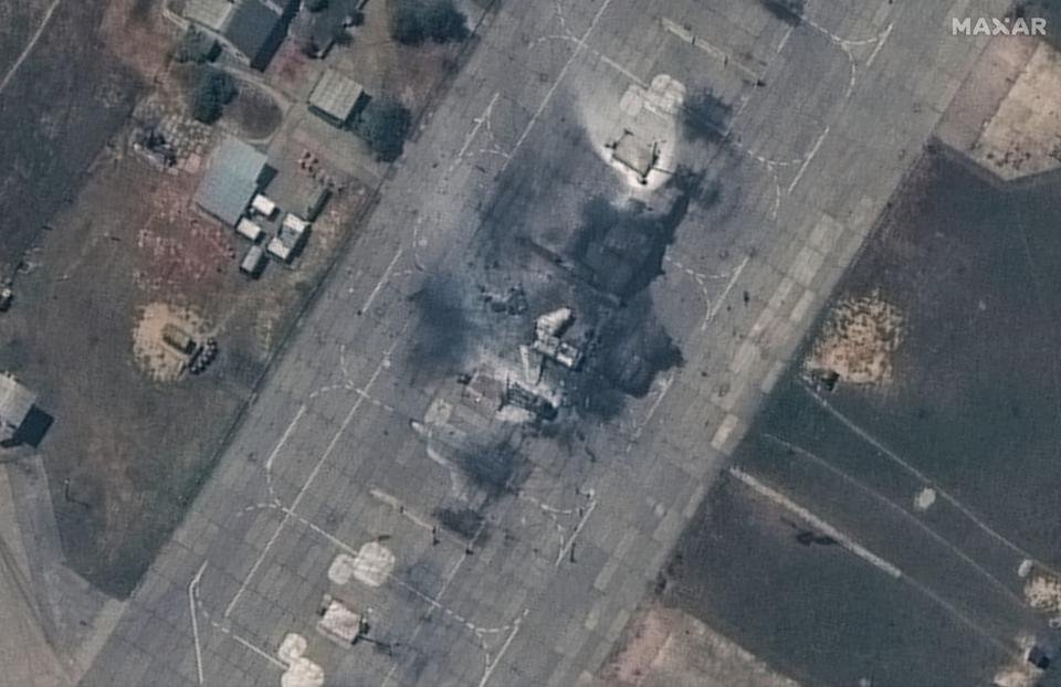 One of the two destroyed MiG-31s at Russia's Belbek Air Base on the occupied Crimean Peninsula that is visible in the new imagery from Maxar. The second jet can be seen in the wide view at the top of this story. <em>Satellite image ©2024 Maxar Technologies.</em>