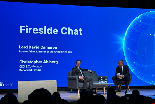 Former British Prime Minister David Cameron was invited to speak during the closing session of Recorded Future's Predict 2024 event in London on October 22. Credit: Infosecurity Magazine