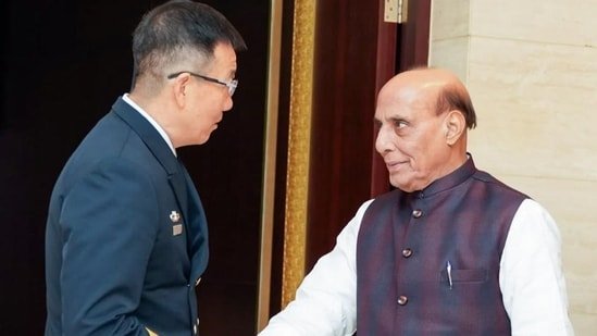 Defense minister Rajnath Singh meets Chinese minister of National Defence, Admiral Dong Jun during the 11th ASEAN Defence Ministers Meeting-Plus (ADMM Plus), in Vientiane on Wednesday. (ANI.)