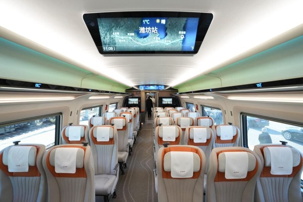 An interior view of the economy class car on the CR450AF bullet train.