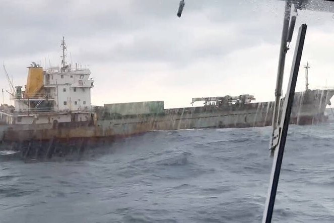 A cargo ship on the sea.