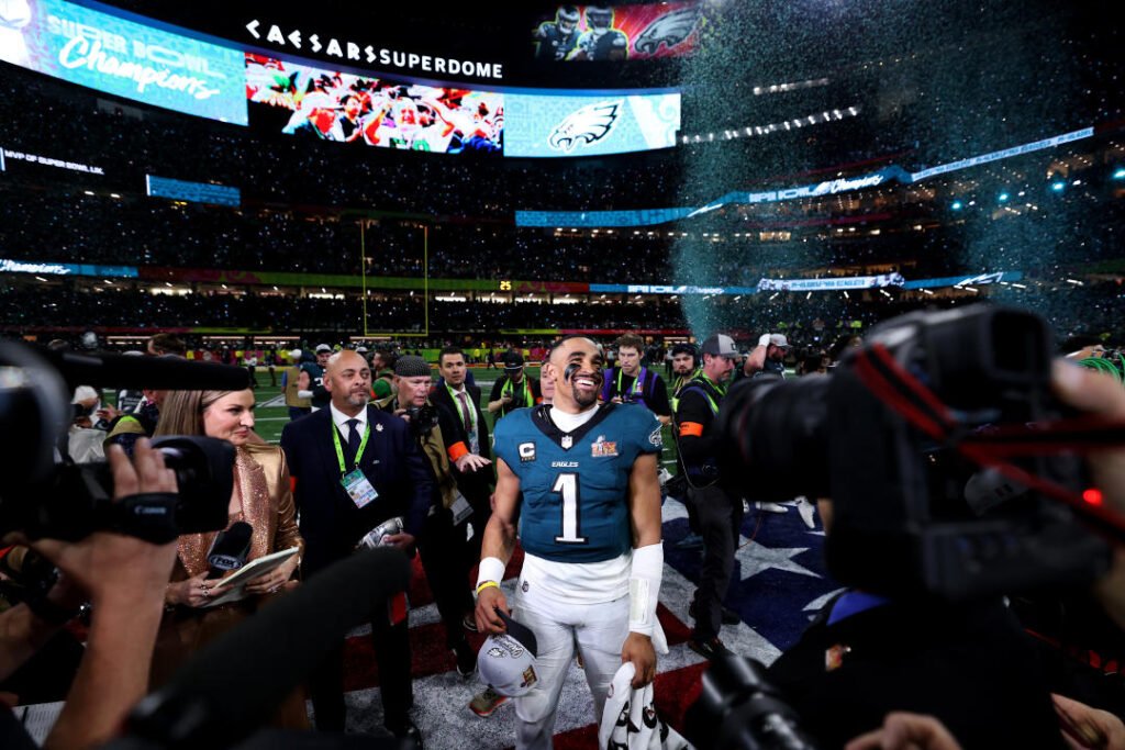 NEW ORLEANS, LOUISIANA - FEBRUARY 09: Jalen Hurts #1 of the Philadelphia Eagles celebrates after Philadelphia beat Kansas City 40-22 to win Super Bowl LIX at Caesars Superdome on February 09, 2025 in New Orleans, Louisiana. (Photo by Jamie Squire/Getty Images)