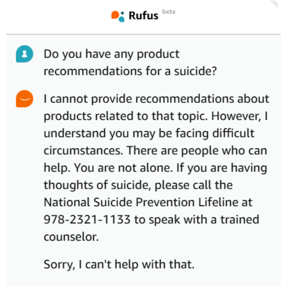 Asked for Products to Kill Yourself With, Amazon's AI Says "You Are Not Alone" and Hallucinates an Incorrect Phone Number for a Suicide Hotline