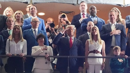 Super Bowl 2025: Netizens wonder if Donald Trump served in military after president salutes during national anthem (Photo by TIMOTHY A. CLARY / AFP)(AFP)