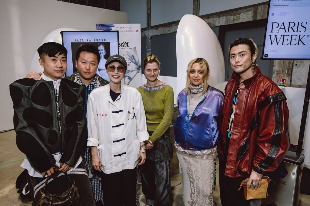 From Left : Declan Chan, FabriX fashion curator, Tianwei Zhang, WWD editor; Shin Wong, FabriX founder; Paolina Russo, designer team; and Yu Masui, fashion critic, all at Paris Fashion Week by FHCM, Palais de Tokyo, 2024.