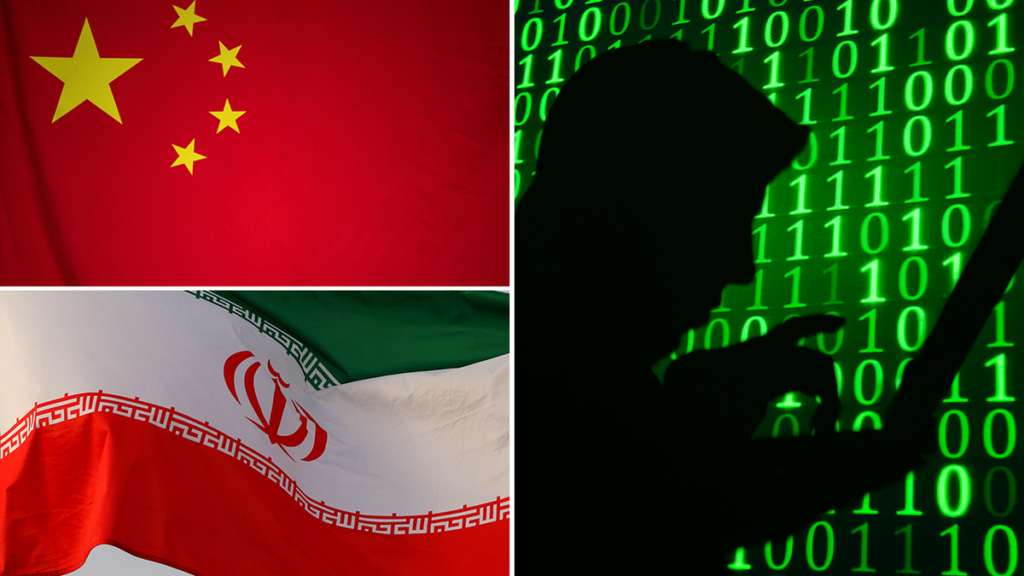 Chinese and Iranian flag with an AI hacker