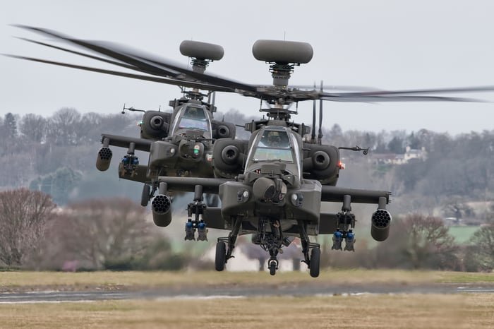 Two military helicopters in flight.