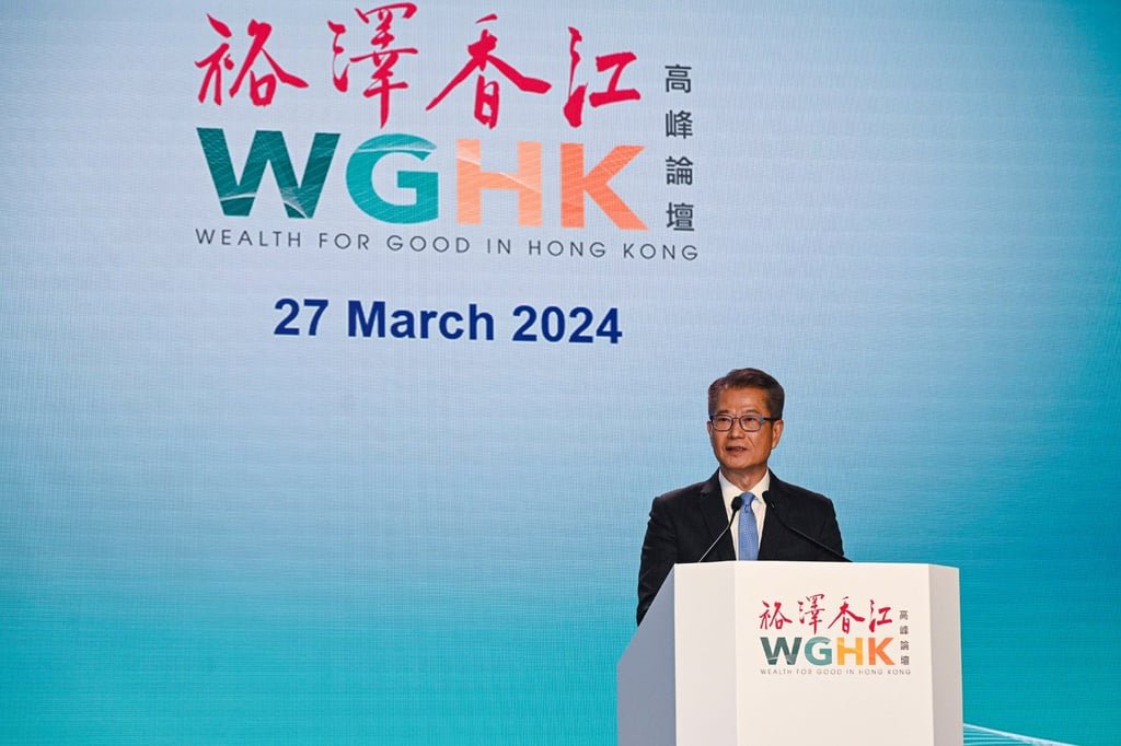 Financial Secretary Paul Chan speaks at the Wealth for Good in Hong Kong Summit on March 27, 2024. Photo: ISD