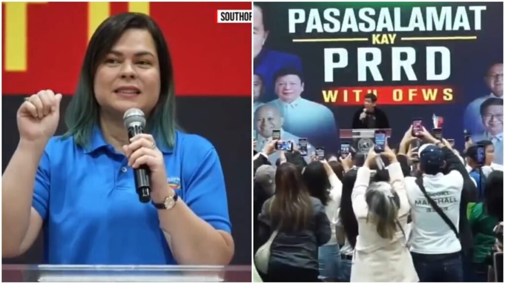 ‘THANKSGIVING’ RALLY Vice President Sara Duterte and her father, former President Rodrigo Duterte, on Sunday take their turns addressing their supporters gathered at Southorn Stadium in Hong Kong’s Wan Chai district. —SCREENGRAB FROMSMNI CHANNEL VIDEO