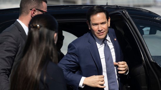 US Secretary of State Marco Rubio disembarks from his vehicle as he walks to board his airplane prior to departing Quebec City Jean Lesage International Airport in Quebec, Canada, Friday, March 14, 2025.(AP)