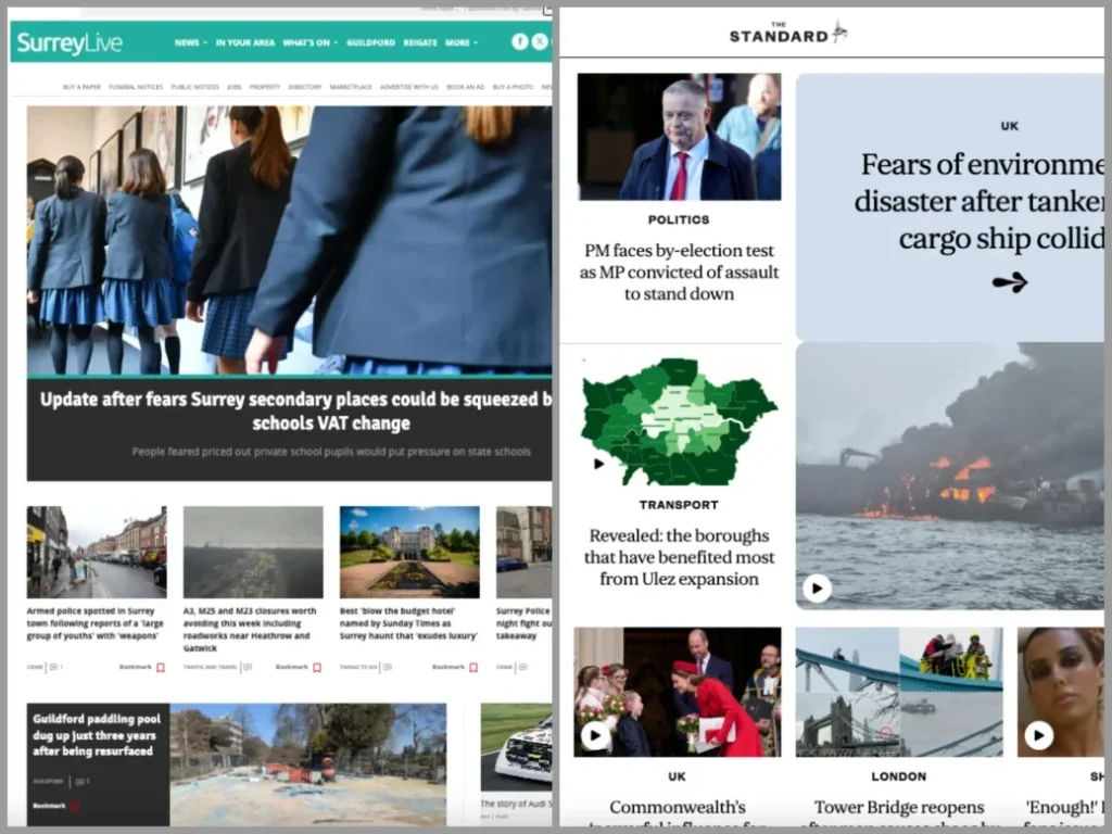 The homepages of Reach's Surrey Live and The London Standard, illustrating a story about the top local UK newsbrands online.