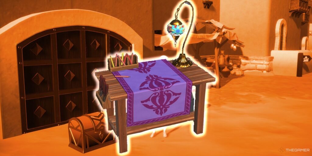 A collage of the Agrabah crafting station over a picture of the vault.