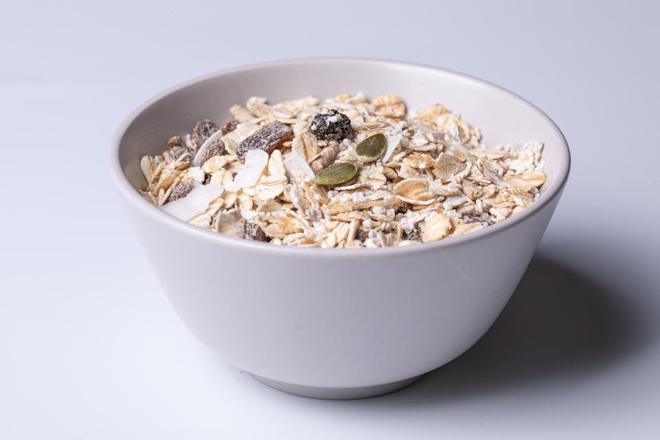 a healthy bowl of muesli with a lot of natural ingredients