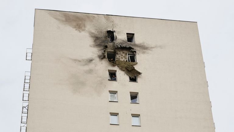 A view shows a multi-storey residential building damaged in a recent Ukrainian drone attack, according to local authorities, in the course of Russia-Ukraine conflict, in Vidnoye, Moscow Region, Russia March 11, 2025. REUTERS/Stringer