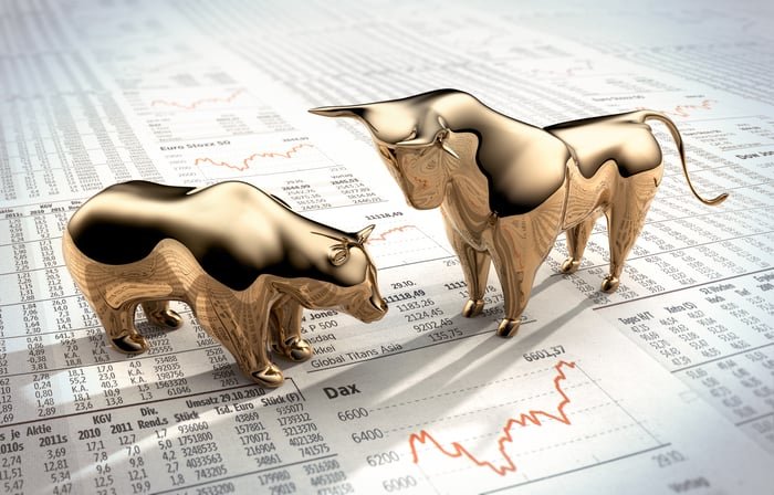 Golden bull and bear figurines standing on top of a newspaper.