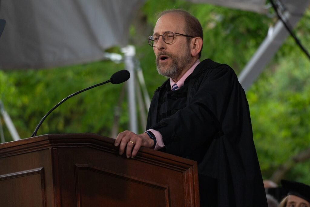 University President Alan M. Garber ’76 speaks at Harvard’s 374th Commencement. Garber’s address drew two standing ovations.