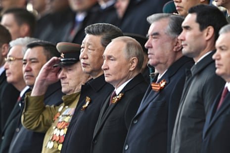 From second right: Turkmenistan President Serdar Berdimuhamedow, Tajikistan’s President Emomali Rakhmon, Russian President Vladimir Putin and Chinese President Xi Jinping watch the Victory Day military parade in Moscow, Russia.