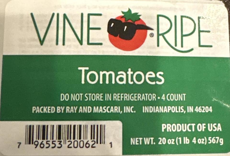 A label for the recalled Ray & Mascari tomatoes.