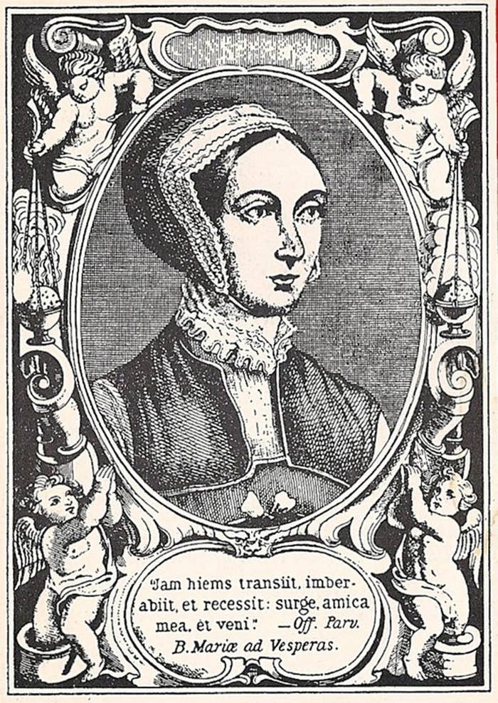 Illustration of a historical figure in a detailed ornate frame with cherubs, wearing a lace headpiece and collar. Latin text below