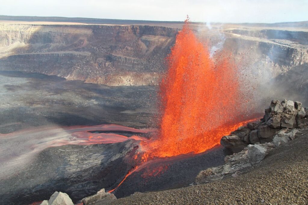 Although more than 99.95% of Earth's gold is locked in the molten core, tiny amounts may be coming up to the surface in magma, a study found. A lava fountain at Kilauea in Hawaii is seen in early May.