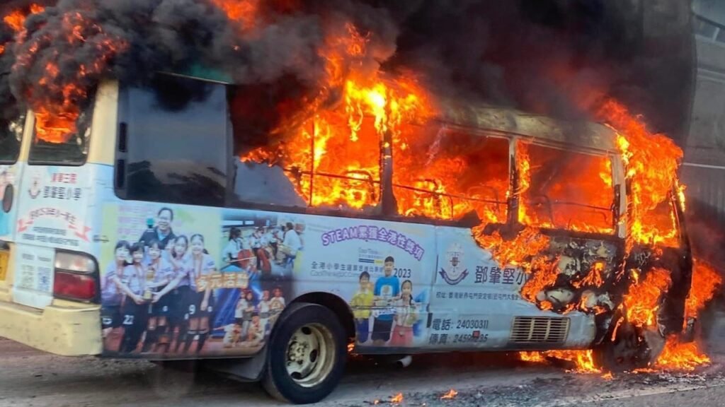 Hong Kong minibus goes up in flames on highway after suspected engine trouble