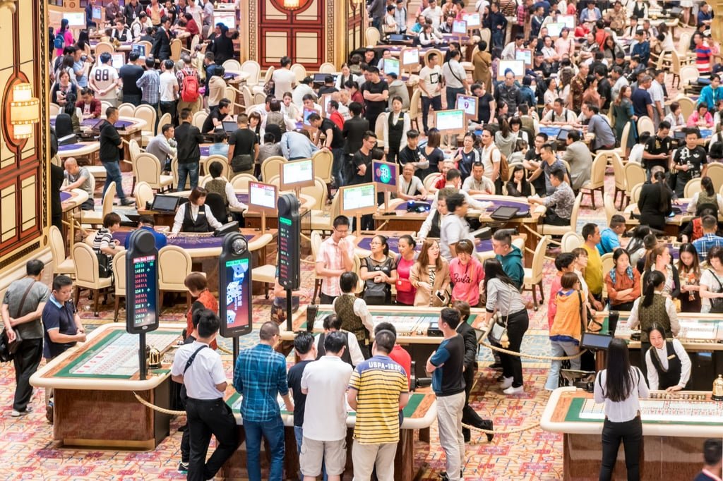 Aerial view of blackjack tables and gamblers inside The Venetian Casino in Macau on October 15, 2017. Photo: Shutterstock