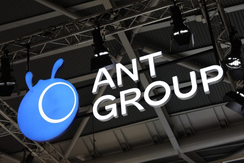Glowing Ant Group signage suspended from the roof at the Singapore FinTech Festival