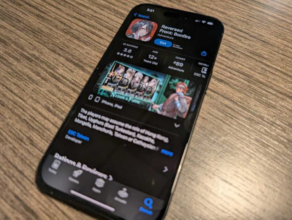 A phone displaying the App Store page page for the mobile game Reversed Front: Bonfire.