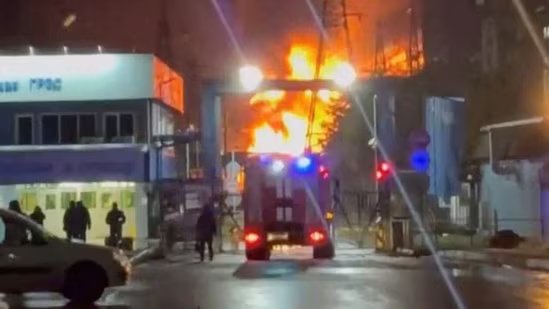 Video footage on Telegram showed balls of flames and black smoke rising into the night sky from the power station.(via REUTERS)