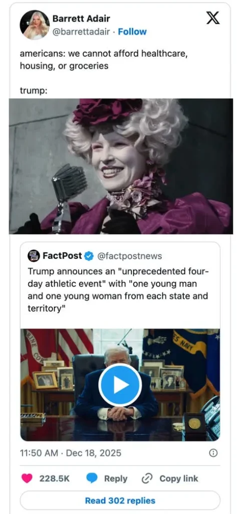 A meme showing a person dressed like Effie Trinket with feathered collar next to a news screenshot about a Trump announcement of a four-day event