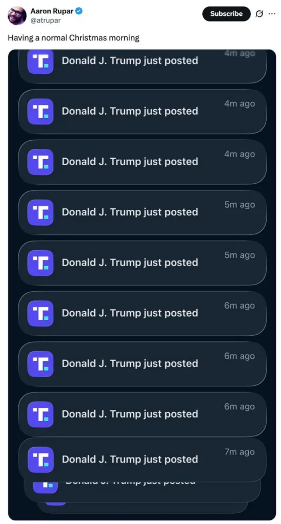 Notifications show "Donald J. Trump just posted" repeatedly; tweet caption suggests it's a typical Christmas morning