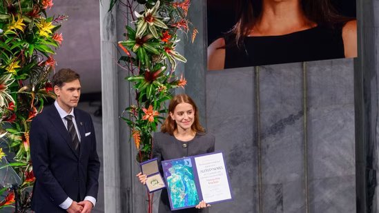 Machado, daughter of Venezuelan opposition leader Maria Corina Machado, at the 2025 Nobel Peace Prize presentation ceremony.(Bloomberg)