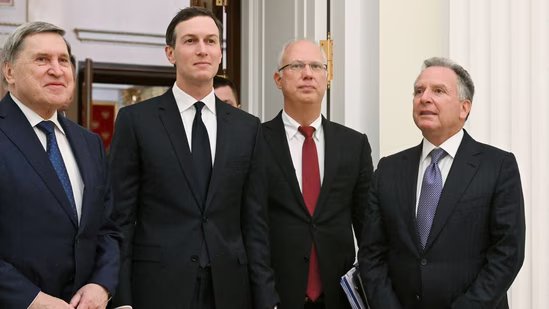 Russian presidential envoy Kirill Dmitriev, foreign policy aide Yuri Ushakov, U.S. President Donald Trump's special envoy Steve Witkoff and son-in-law Jared Kushner(Reuters)