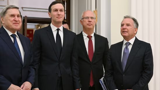 US special envoy Steve Witkoff, right, Russian presidential foreign policy adviser Yuri Ushakov, left, Russian Direct Investment Fund CEO Kirill Dmitriev, second right, and Jared Kushner, U.S. President Donald Trump’s son-in-law, arrived for meetings in Moscow, on December 2(AP)
