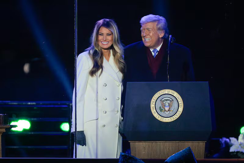WASHINGTON, DC - DECEMBER 04: U.S. President Donald Trump and first lady Melania Trump participate in the 103rd National Christmas Tree Lighting Ceremony at the White House Ellipse on December 04, 2025 in Washington, DC. The tree is a 32-foot-tall red spruce from the George Washington and Jefferson National Forests in Virginia's Highland County. This is the second year in a row that the George Washington and Jefferson National Forests have provided the tree. (Photo by Chip Somodevilla/Getty Images)