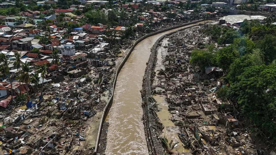 This aerial photo shows damaged houses in the aftermath of Typhoon Kalmaegi in Talisay, in Cebu province on November 5, 2025. - Jam Sta Rosa/AFP/Getty Images