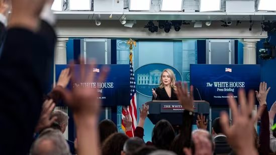 White House press secretary Karoline Leavitt at Monday’s press briefing. (WSJ)