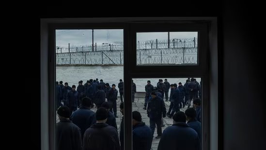 Russian prisoners of war in a Ukrainian camp.