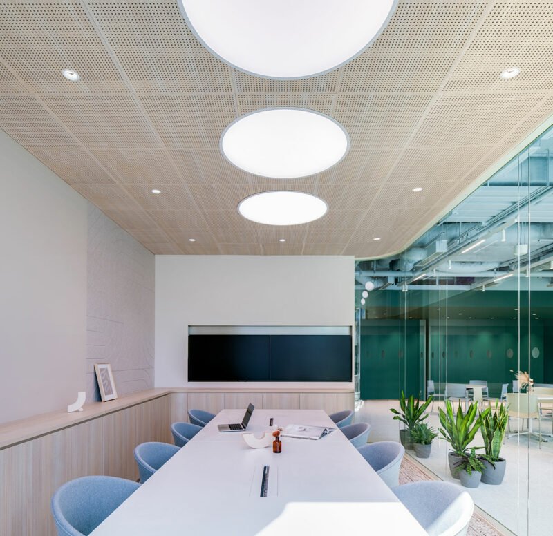 Modern conference room with a long white table, blue chairs, ceiling with large round lights, and glass wall overlooking a bright area with plants.