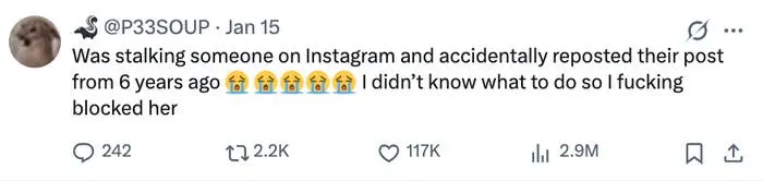 Tweet by user P33SOUP says they accidentally reposted an old Instagram post and blocked the person, using crying emojis