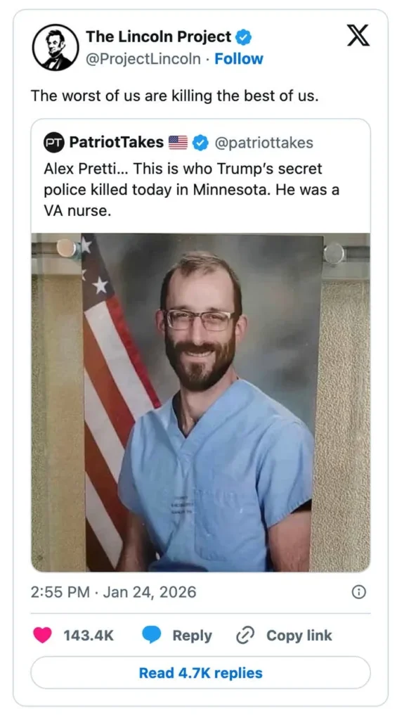A tweet by PatriotTakes mourns the killing of a VA nurse, Alex Pretti, allegedly by police in Minnesota. Image of Alex wearing medical scrubs