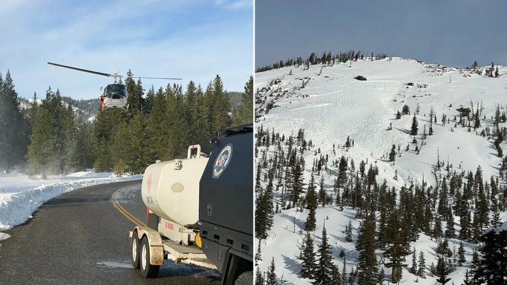 split photo of helicopter flying near road and snowy mountain