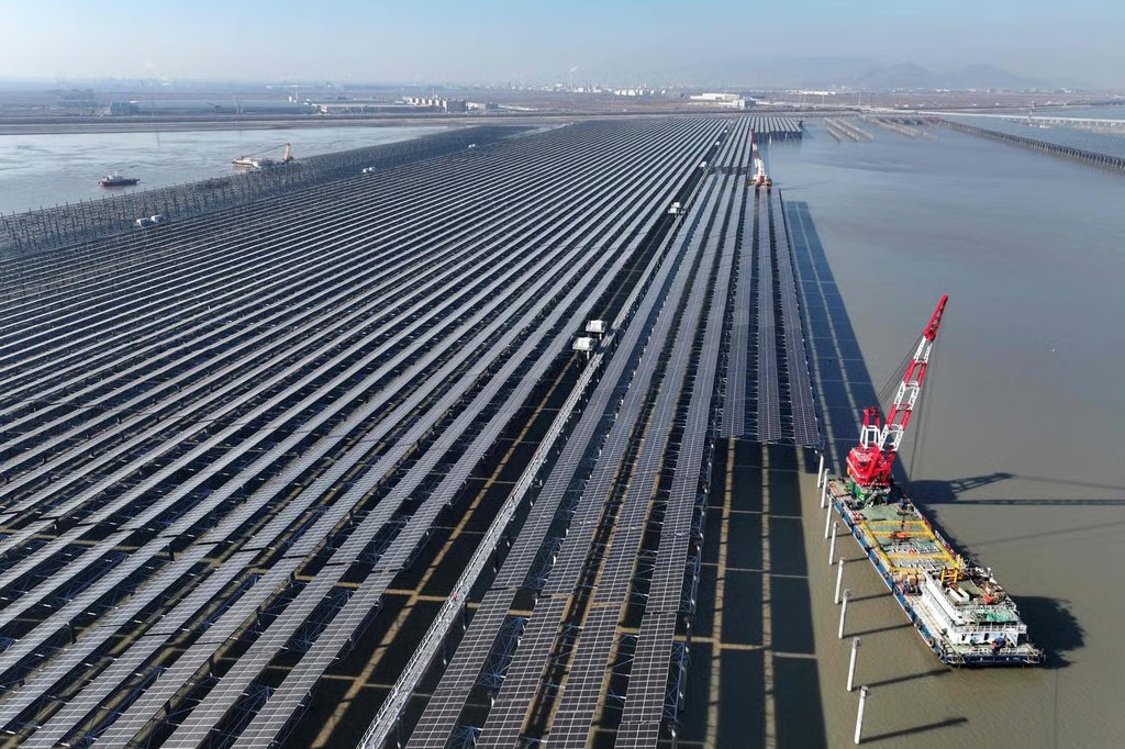 A vast solar farm is under construction at a coastal area in China’s eastern Jiangsu province. Photo: AFP