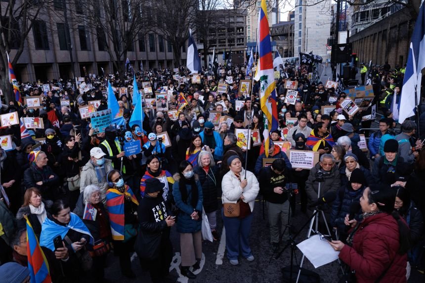 Demonstrators gather outside a proposed site for a new Chinese embassy on January 17, 2026, in London, England. China plans to build Europe's largest embassy on the former Royal Mint Court site in London, featuring more than 200 underground rooms.