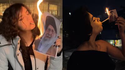 Iranian women can be seen lighting cigarettes by burning the supreme leader’s photos. (X/@MilitanTosh)