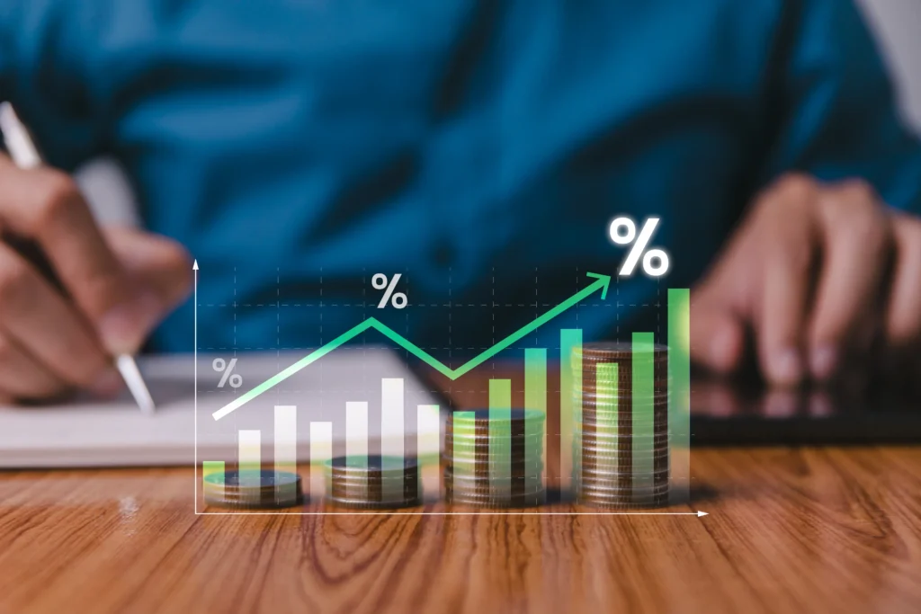 A bar chart with a growth trend and percentage labels.