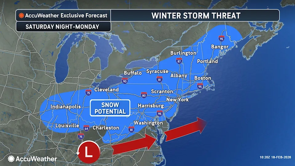 AccuWeather forecast for winter storm threat Saturday night through Monday, Feb. 21-23.