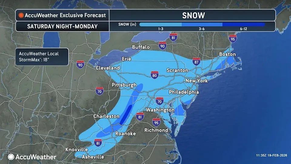 An AccuWeather map shows one weekend outcome, which would be a few inches of snow.