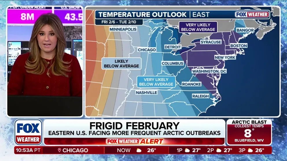 The extreme cold across much of the eastern part of the country is hanging on for February. Areas from the Plains to the Northeast will see below-average temperatures for the month, as a frigid pattern is locked in over the country.