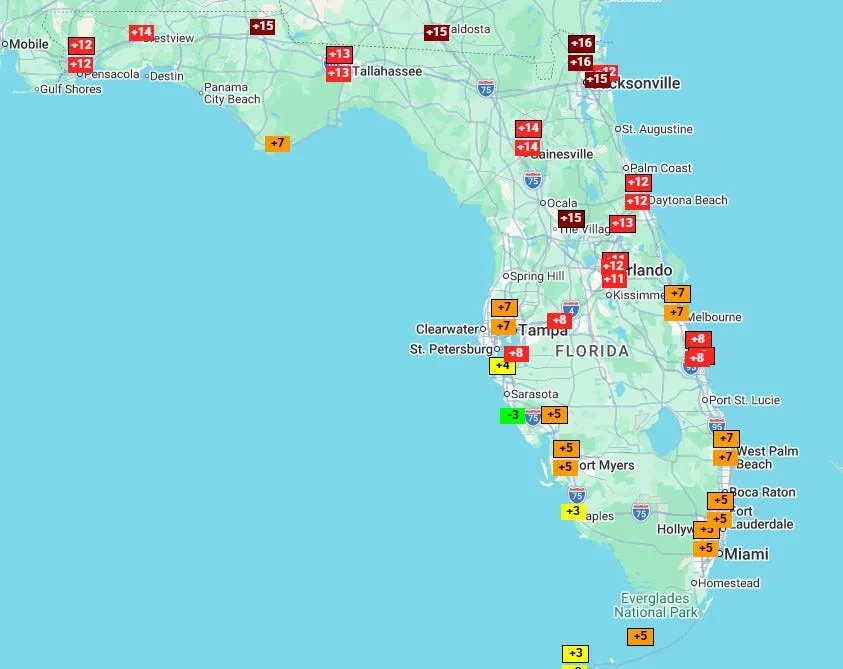 A Southeast Regional Climate Center forecast map for Friday, Feb. 20 showing the departure from normal of the daily high temperatures.
